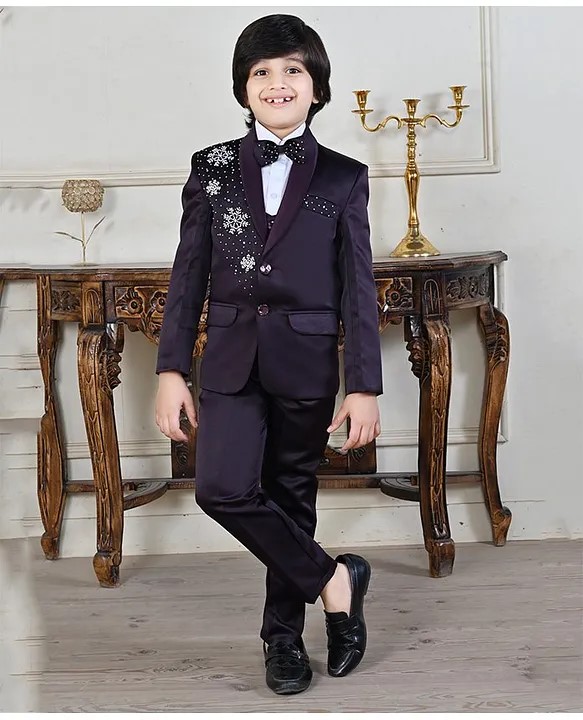 BT DEZINES Full Sleeves Beads Snowflakes Embellished 5 Piece Suit Set - Wine Purple